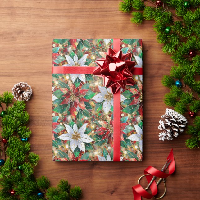 Gold Red Green White Poinsettia Wrapping Paper (Holiday Gift)