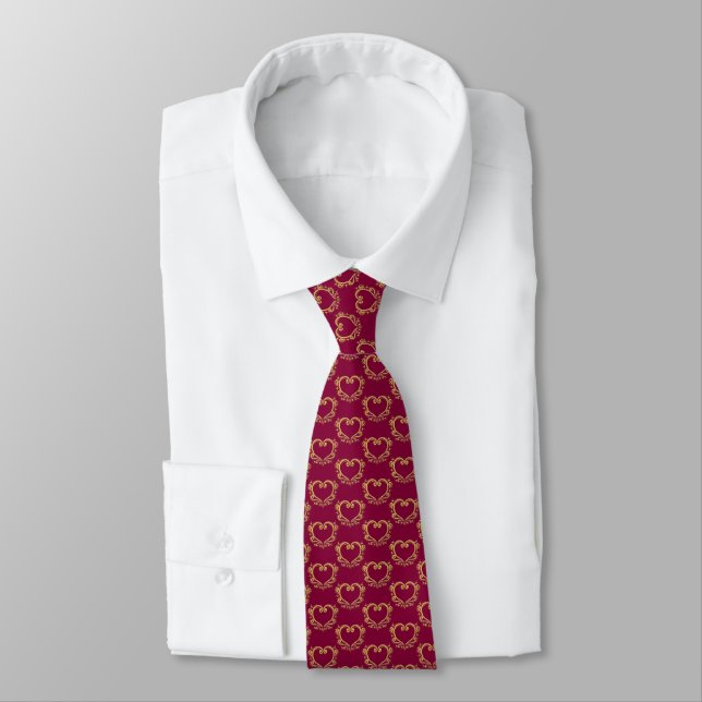 Gold red heart art pattern tie (Tied)