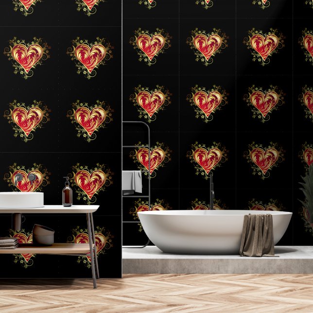 Gold Red Heart Custom Colour Black Wallpaper (Bathroom)