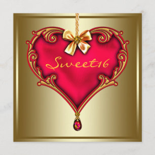 Gold Red Heart Sweet 16 Birthday Party Invitation