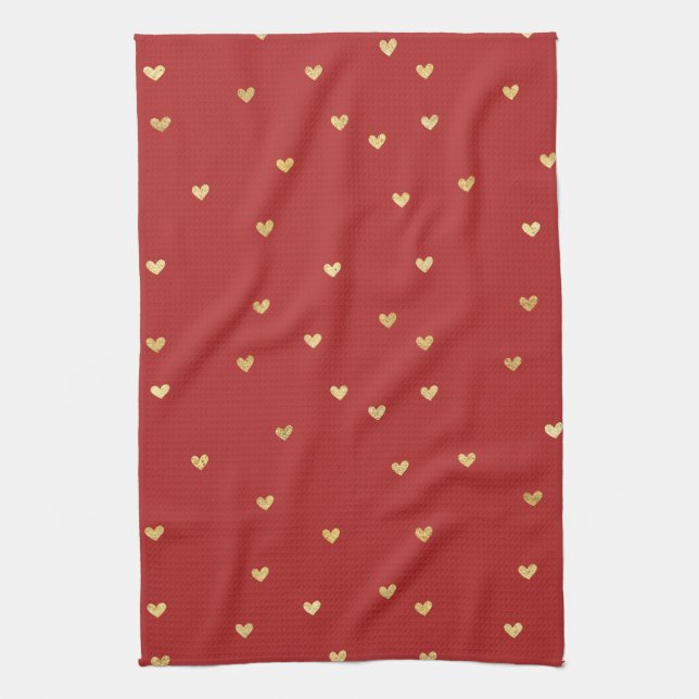 Gold Red Hearts Tea Towel (Vertical)