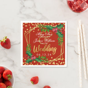 Gold Red Holiday Christmas Wedding Party Holly Napkin