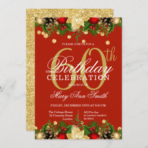 Gold & Red Holiday Glitter 60th Birthday Party Invitation