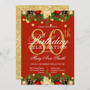 Gold & Red Holiday Glitter 80th Birthday Party  Invitation