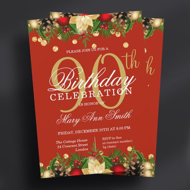 Gold & Red Holiday Glitter 90th Birthday Party Invitation (Gold & Red Holiday Glitter 90th Birthday Party Invitation)