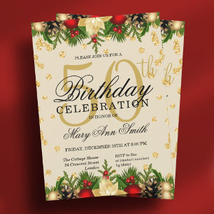 Gold & Red Holiday Glitter Glam 50th Birthday Invi Invitation