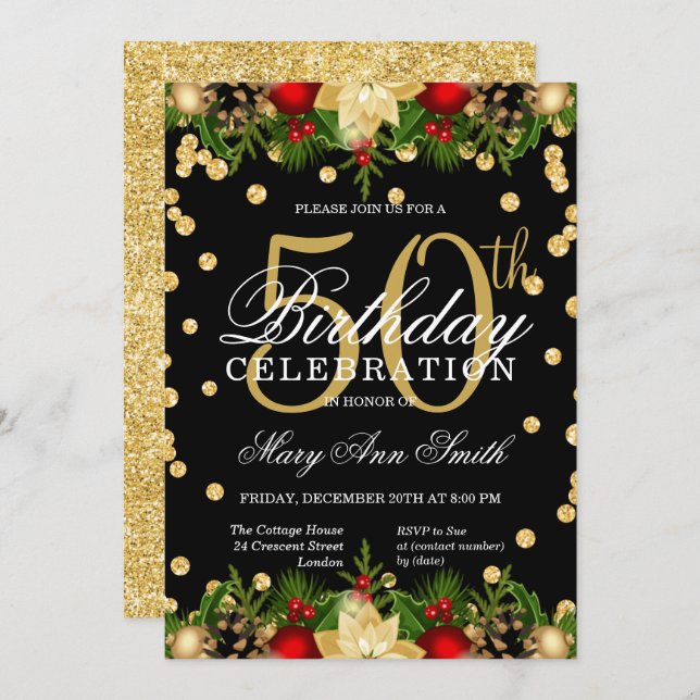 Gold & Red Holiday Glitter Glam 50th Birthday  Invitation (Front/Back)