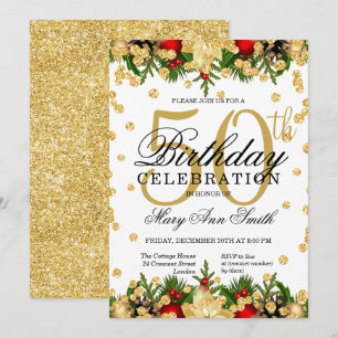 Gold & Red Holiday Glitter Glam 50th Birthday Invitation