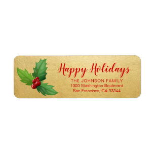 Gold Red Holly Happy Holiday Xmas Return Address Label