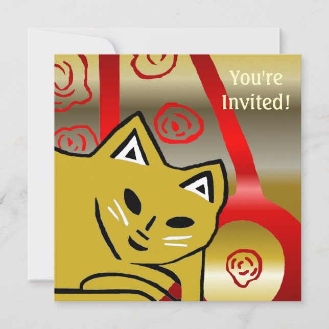 Gold & Red Kitty Cat Birthday Party Invitation (Front)