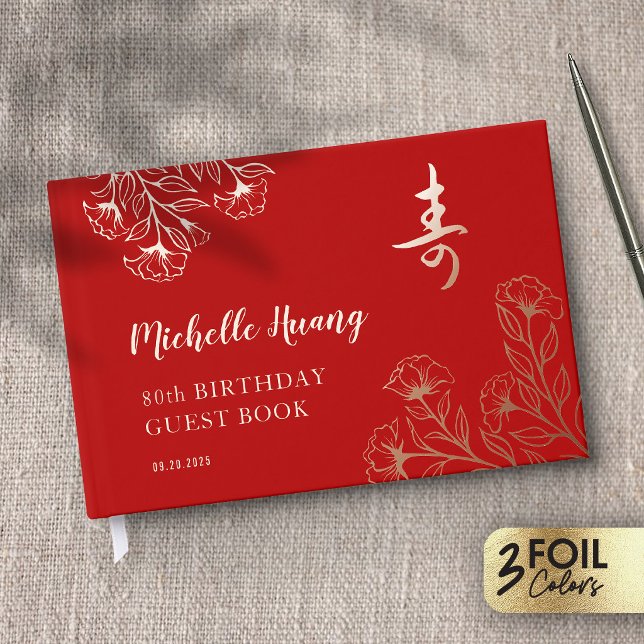Gold Red Longevity Birthday Foil Guestbook (FL) (Creator Uploaded)
