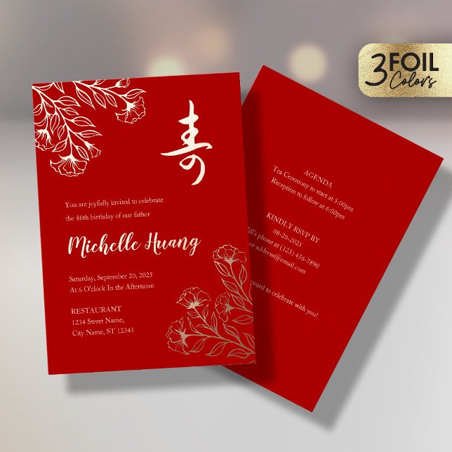 Gold Red Longevity Birthday Foil Invitation (3) (Creator Uploaded)