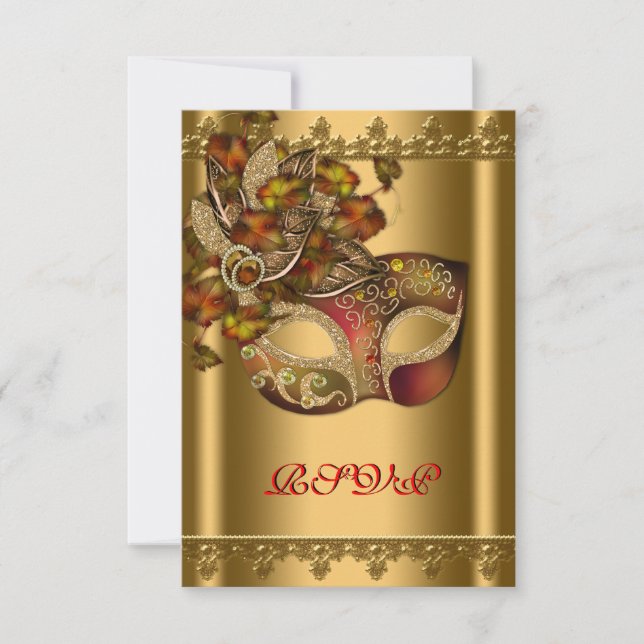 Gold Red Mask Gold Red Masquerade Party RSVP (Front)
