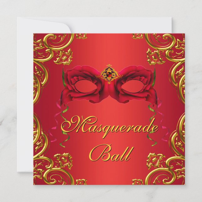 Gold Red Mask Red Masquerade Party Invitation (Front)