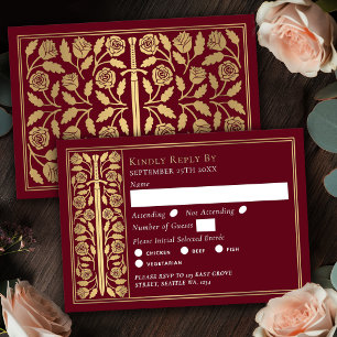 Gold Red Mediaeval Sword Wedding RSVP Card