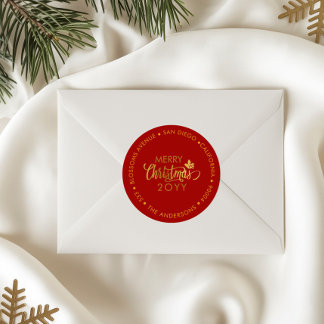 Gold & Red Merry Christmas Custom Return Address Classic Round Sticker