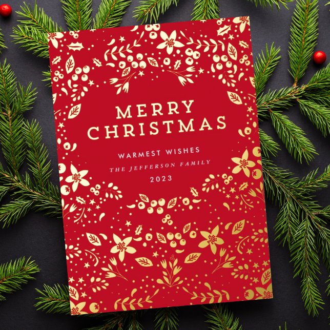 Gold & Red Merry Christmas Florals Foil Holiday Card (Creator Uploaded)