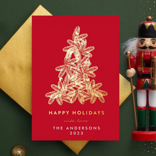 Gold & Red Merry Christmas Pine Tree Happy Foil Holiday Card (Creator Uploaded)