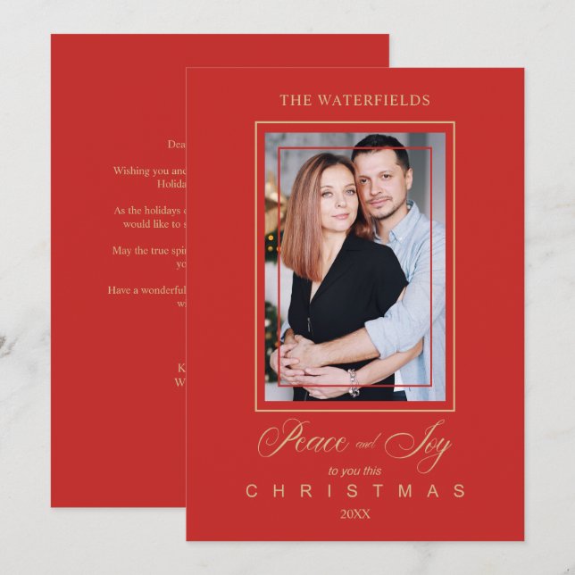 Gold Red Minimalist Modern Christmas Photo Family (Front/Back)