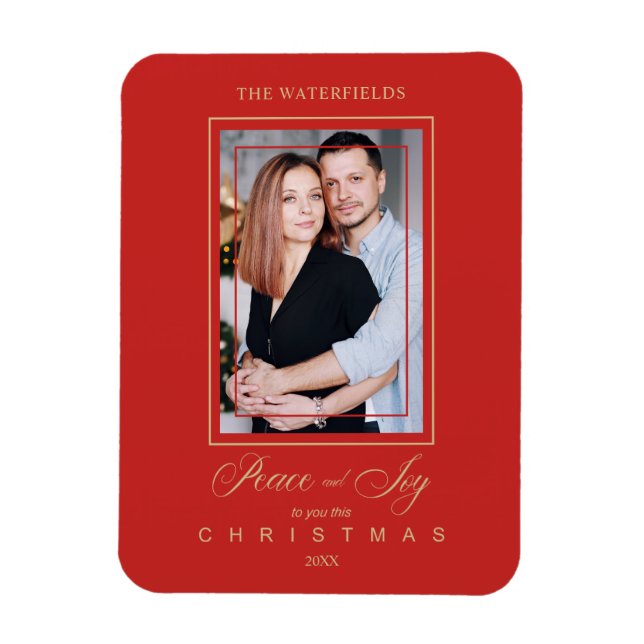 Gold Red Minimalist Modern Christmas Photo Family Magnet (Vertical)
