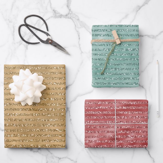 Gold Red Mint Green Glitter Stripes          Wrapping Paper Sheet (Front)