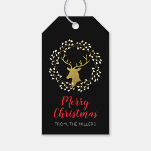 Gold & Red Modern Deer Merry Christmas Gift Tag