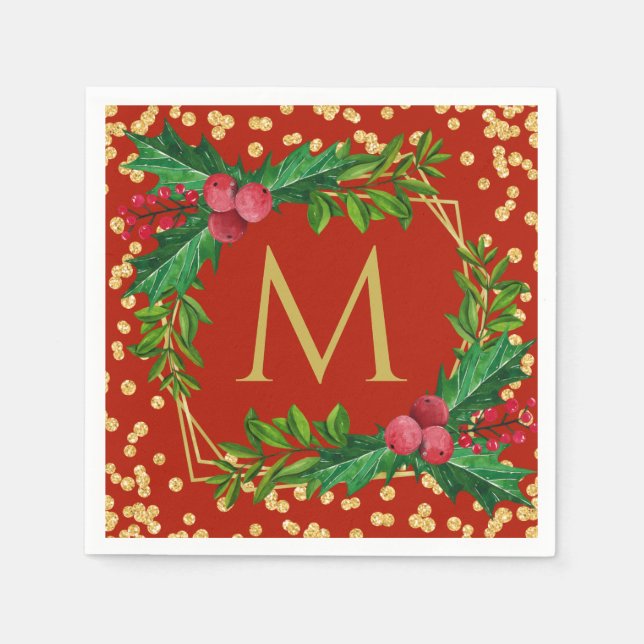 Gold Red Monogram Merry Christmas Holly Glitter Napkin (Front)