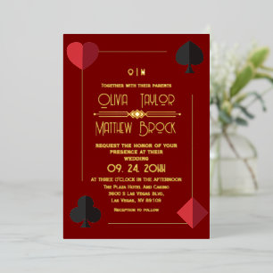 Gold Red Monogram Playing Card Wedding Invite