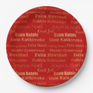 Gold Red Multi Language Merry Christmas Paper Plate