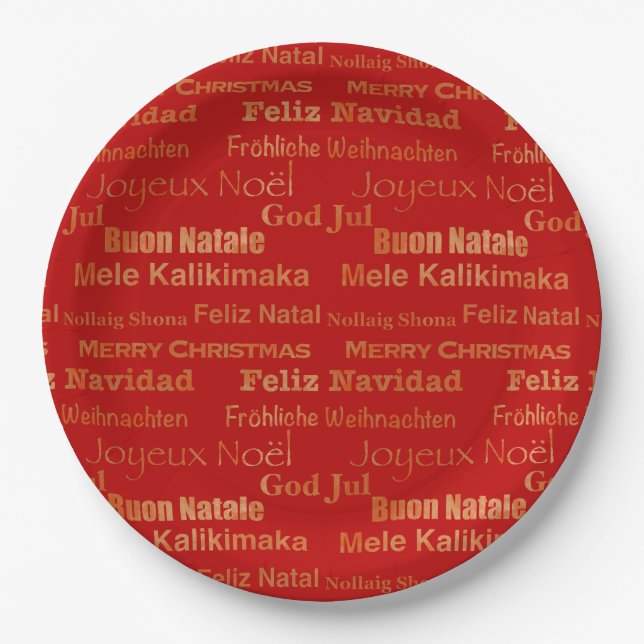 Gold Red Multi Language Merry Christmas Paper Plate (Front)
