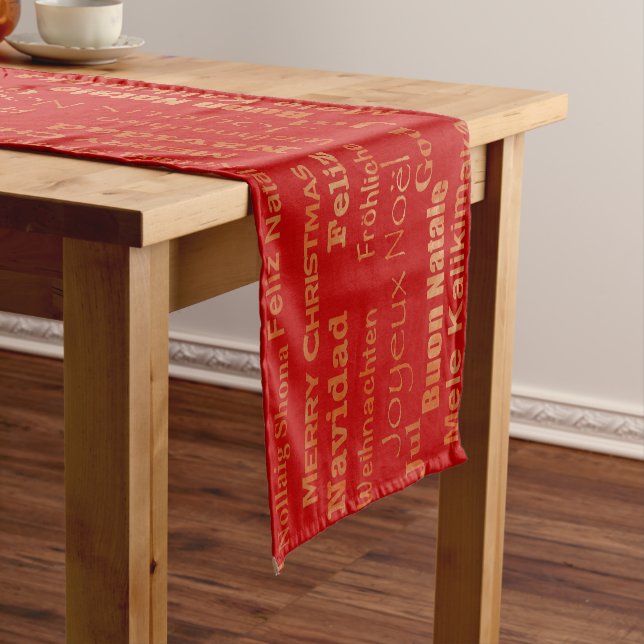 Gold Red Multi Language Merry Christmas Short Table Runner (In Situ)