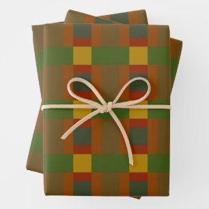 Gold Red Olive Green Orange Colour Block Print Wrapping Paper Sheet