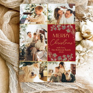 Gold Red Photo Collage Christmas Holiday Card