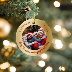 Gold red photo family story quote Christmas Ceramic Ornament