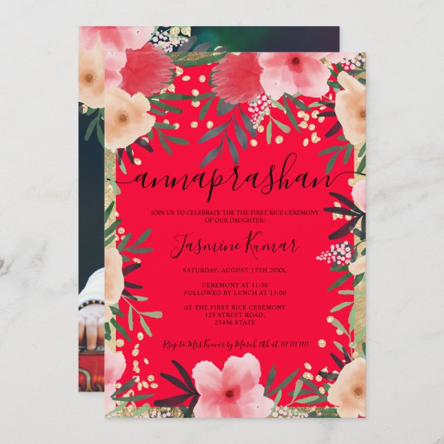 Gold red pink floral watercolor photo Annaprashan Invitation (Front/Back)