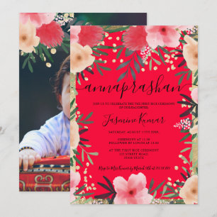 Gold red pink floral watercolor photo Annaprashan Invitation