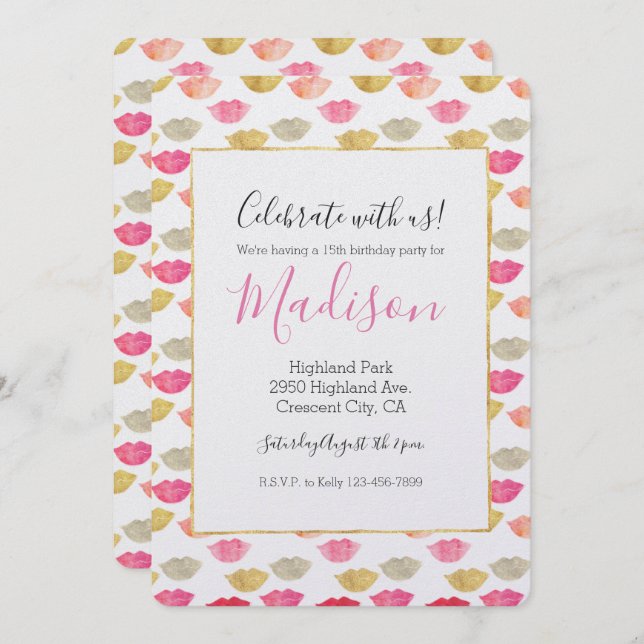 Gold Red Pink Watercolor Lips Invitation (Front/Back)