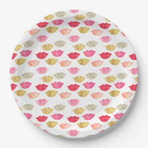 Gold Red Pink Watercolor Lips Paper Plate