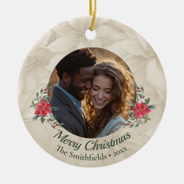 Gold, Red Poinsettia 2 sided Photo Holiday  Ceramic Ornament (Front)