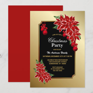 Gold Red Poinsettia Gold Frame Christmas Party Invitation