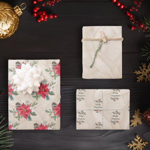 Gold, Red Poinsettia Holiday  Wrapping Paper Sheet
