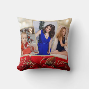 Gold Red Poinsettia Merry Christmas 3 Photos Cushion