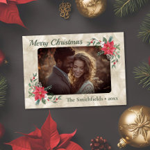 Gold, Red Poinsettia Photo Flat Holiday Card