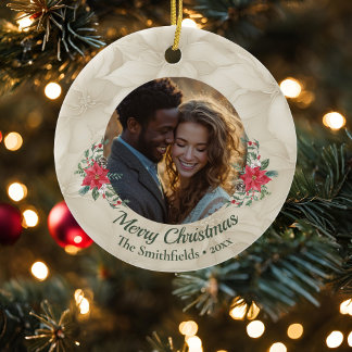 Gold, Red Poinsettia Photo Holiday  Ceramic Ornament