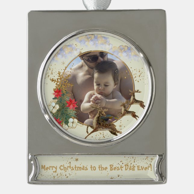 Gold Red Poinsettia Tree Best Dad Christmas Photo Silver Plated Banner Ornament (Front)