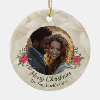 Gold, Red Poinsettia Two Photos Holiday  Ceramic Ornament