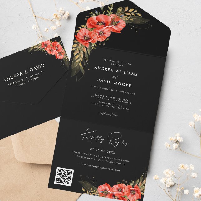 Gold Red Poppy Floral Fall QR Code Black Wedding All In One Invitation (Creator Uploaded)