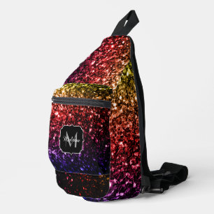 Gold red purple faux glitter sparkles Monogram Sling Bag