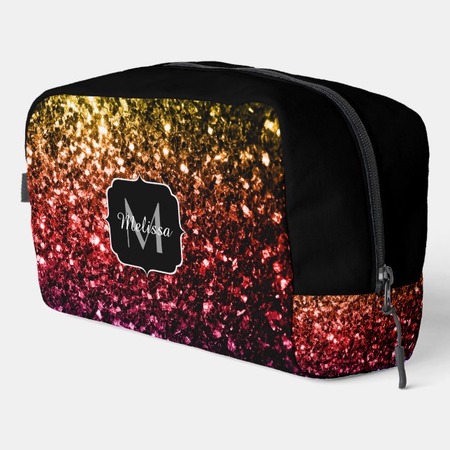 Gold red purple glitter sparkles black Monogram Dopp Kit (Right Corner)