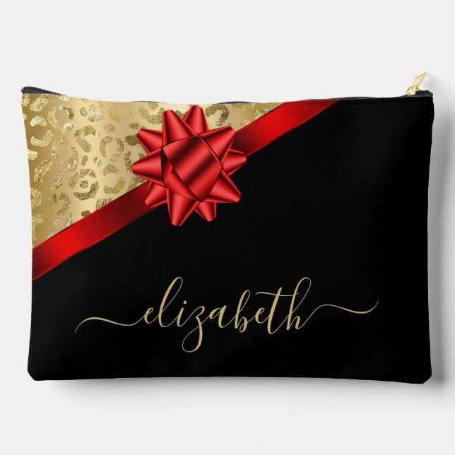 Gold Red Ribbon Script Monogram Accessory Pouch (Back)